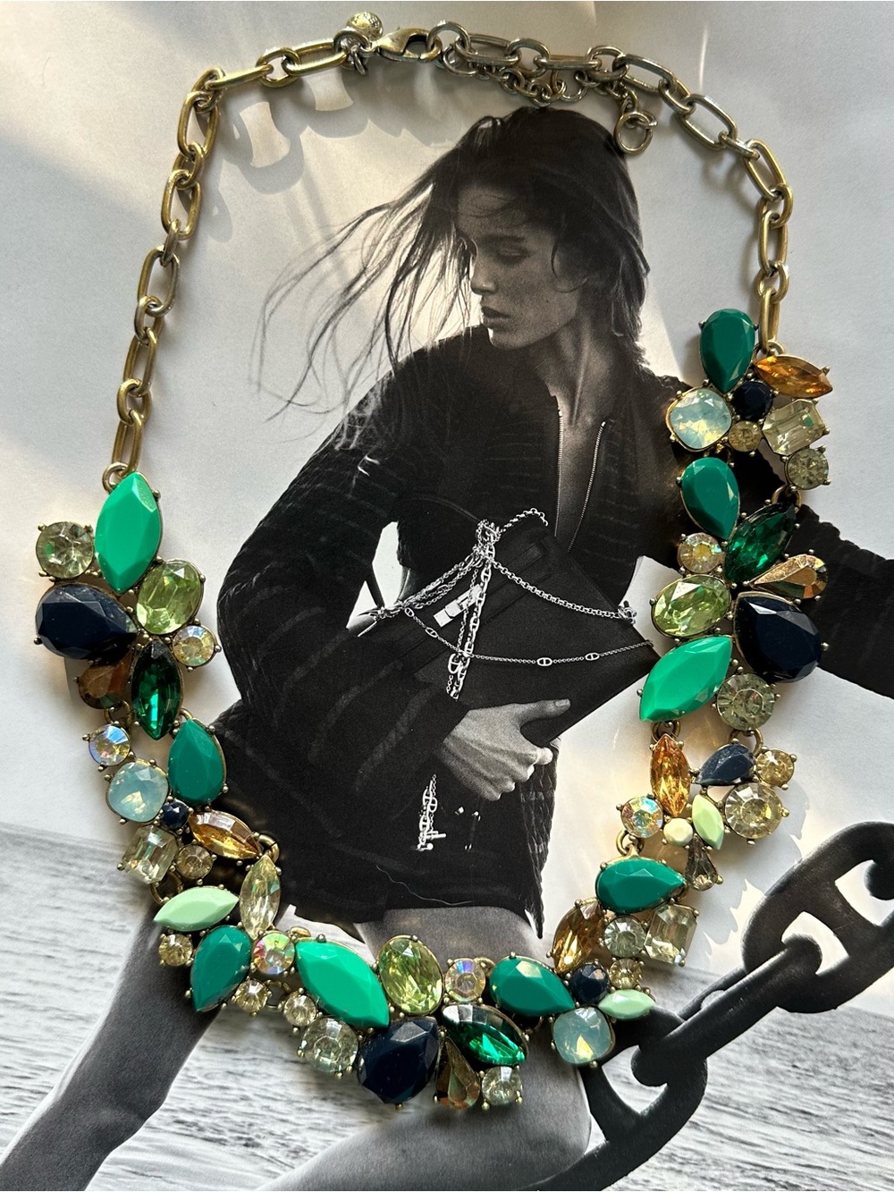 J. Crew Statement Necklace with Green and Blue Iridescent Crystal Gemstones - Picture 3 of 8